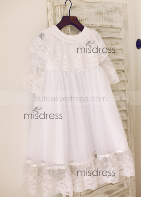 Long Sleeves White Lace Tulle Flower Girl Dress With Attached Cape Long Sleeves White Lace Tulle Flower Girl Dress With Attached Cape